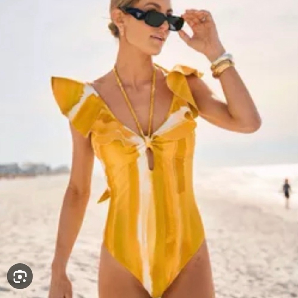 Ruffle Strap Yellow One-Piece Swimsuit with Tie Front